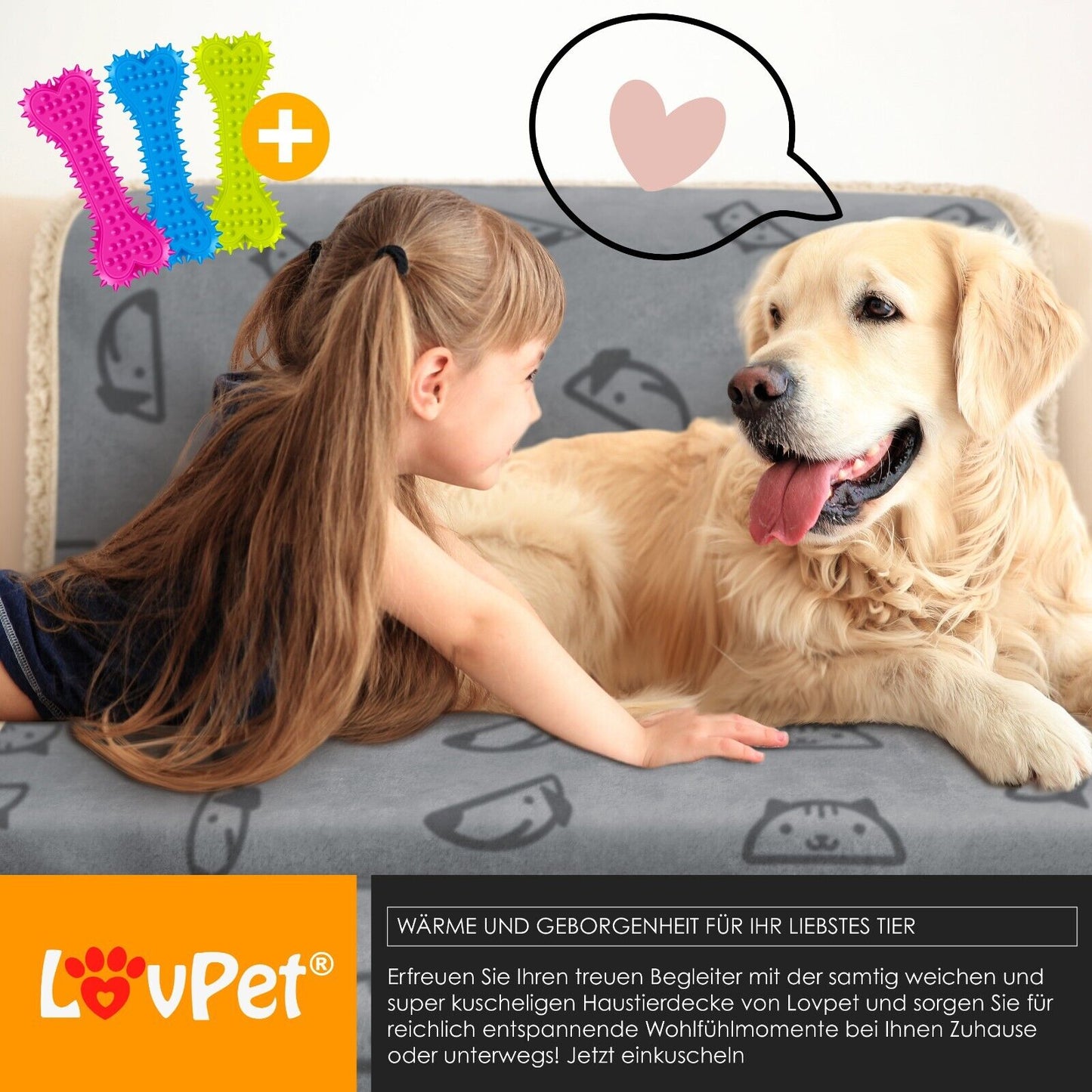 LOVPET® Hunde Decke Wasserdicht Haustier Trockenbett Fleece, 3X Spielzeugknoch